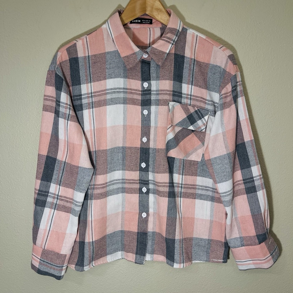 SHEIN Plaid Flannel Shirt Pink Gray Button‎ Up Preppy Size M